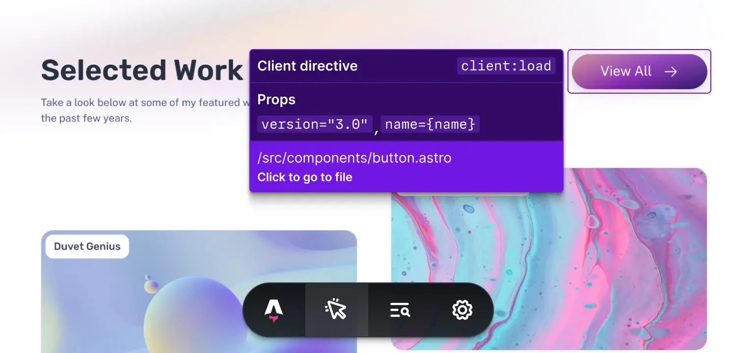 The dev overlay showing x-ray mode with a client component highlighted. It shows the client directive being used, and the props passed to the component.